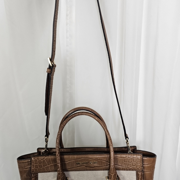 Michael Kors Colette Beige Canvas and camel brown crocodile top zip bag - Picture 3 of 9